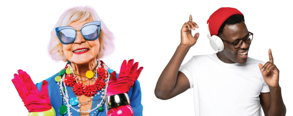 Wild older woman having fun and living her best life with younger male enjoying music with headphones