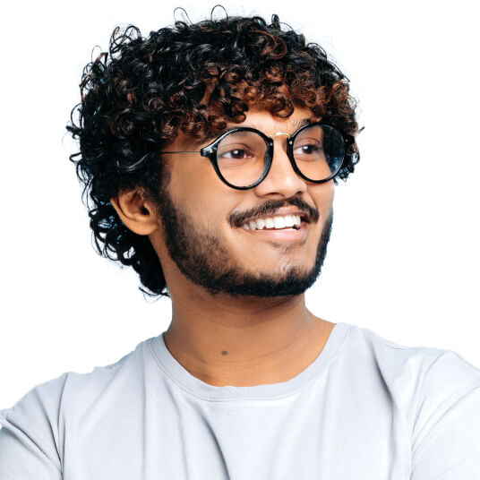 Young happy male with glasses and curly hair